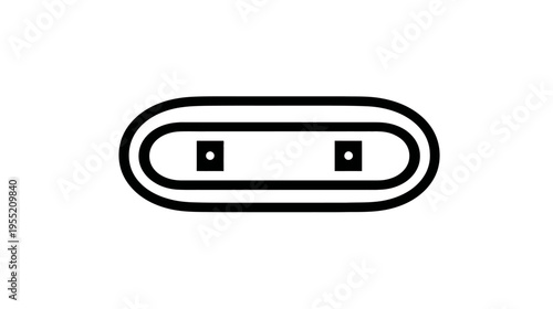 Black graphic of a rectangular shape with rounded ends, and two nested outlines, with small squares