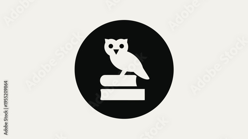A simple illustration of an owl perched on books inside a black circle against a light background