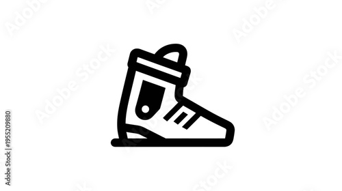 A side view black and white icon of a ski boot with a loop and straps