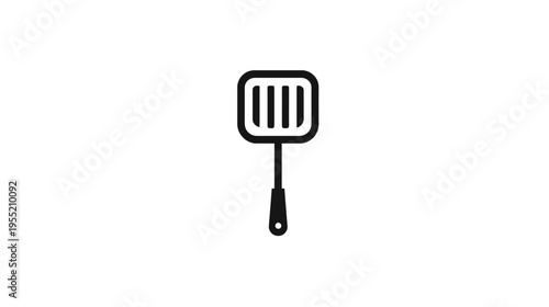 A simple, black line art illustration of a spatula. It has a slotted head and handle