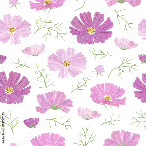 Floral print with watercolor cosmos flowers plants. Vector illustration