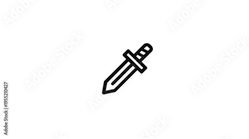 A black and white graphic showing a sword in a diagonal position