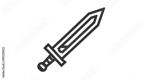 A stylized illustration of a medieval broadsword with a distinct double-edged blade and hilt