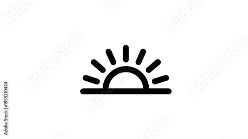 A simple, black line art illustration of the sun rising above a flat horizon