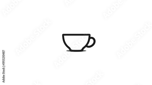 A black and white illustration of a coffee cup icon on a stark white background