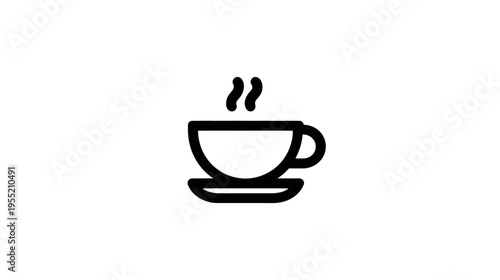 A monochrome illustration of a coffee cup with steam rising, on a saucer. Simple, clean design