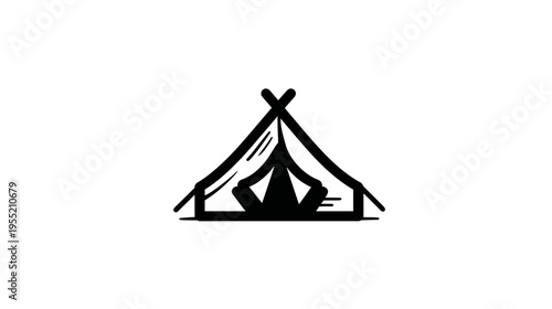 Minimalist illustration of a tent in black and white, featuring a silhouette