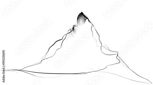 A stark minimalist depiction featuring a mountain rendered using bold, contrasting black and grey lines