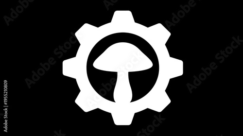 A white illustration of a mushroom inside a gear on a black background