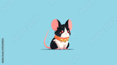 A cute cartoon mouse with large pink ears, red eyes, and a collar with bells, set on blue