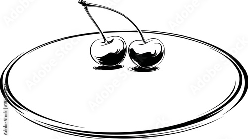 Stylized black and white illustration of cherries on a plate. Artistic interpretation. Minimalist design