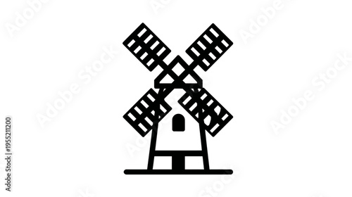 A black, stylized illustration of a windmill with four blades and a rectangular body