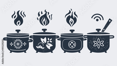 Four stylized cooking pots with flames and a wifi symbol. Each pot has a unique design