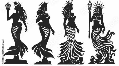 Black silhouette images of mermaids with crowns and accessories, in diverse poses, on white background