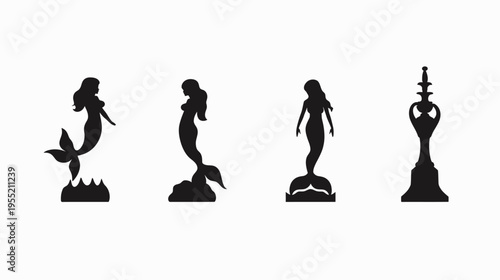 Silhouettes of mermaids and an ornamental sculpture in black on a white background