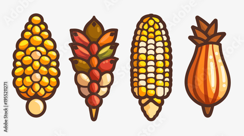 Stylized illustrations of autumn harvest items, including corn, seeds, and fruits