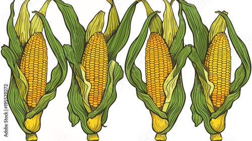 Four stylized ears of corn, with detailed husks and leaves, depicted against a white background