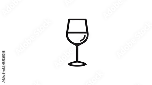 A simple, black line drawing of a wine glass, partially filled with liquid