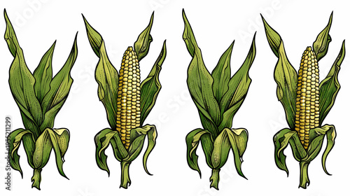 Four isolated illustrations of corn plants in various stages, with green leaves and yellow corn