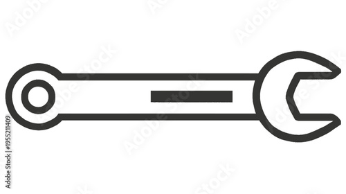 A monochrome illustration of a wrench, featuring an open-ended jaw and a circular loop
