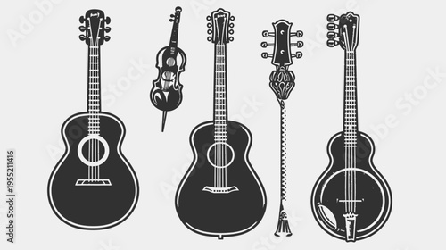 Artistic black and white illustrations featuring various acoustic string instruments