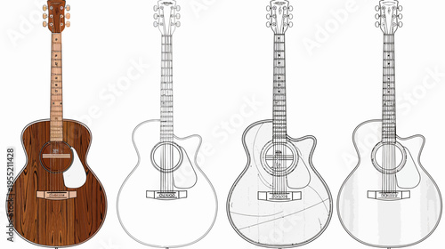 Four acoustic guitars in different styles one fully colored and three in various stages of outlining