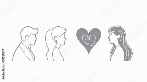 A grayscale outline illustration with two faces, a heart-shaped design, representing love and connection