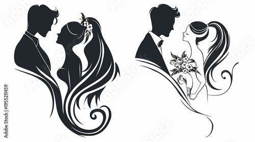 Silhouetted figures of a man and a woman in wedding poses with floral details
