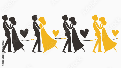 Stylized illustration of four couples dancing, each paired with a heart, and connected by a line