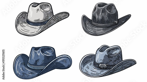 A collection of four cowboy hats in different shades, each with unique details and textures