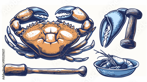 Illustration of a crab and seafood. Includes claws, mallet, and lobster in a bowl
