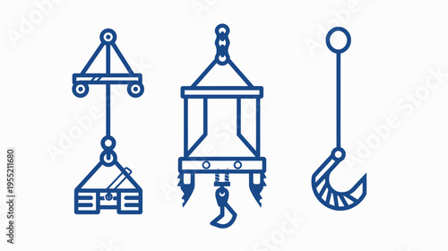 Line art illustrations of industrial crane hooks and rigging equipment in blue on a white background
