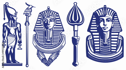 Stylized depictions of ancient Egyptian figures and artifacts. Focus on pharaoh busts, staffs, and statues