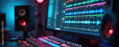 Audio mixing desk with colorful waveforms on computer screen. Pro sound production studio with monitors and faders. Digital audio workstation setup for music creation and editing.