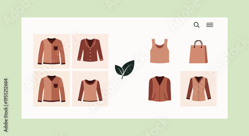 Eco-friendly fashion collection featuring minimalist brown garments and a shopping bag, symbolizing sustainable choices and organic apparel.