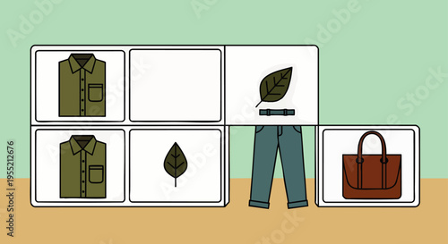 Eco-friendly fashion concept featuring sustainable clothing items like green shirts, natural leaves, and accessories, promoting environmental awareness.