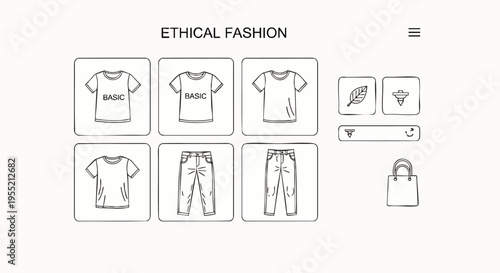 Ethical fashion e-commerce website UI design with minimalist line art icons of sustainable clothing, basic t-shirts, and jeans, promoting conscious consumerism.