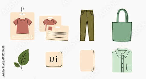 Eco-friendly fashion and sustainable apparel collection with organic clothing, reusable tote bags, natural product labels, and branding elements for ethical design.