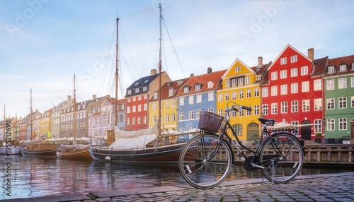 Copenhagen Nyhavn canal with colorful historic buildings, traditional boats and bicycle, clear blue sky copy space