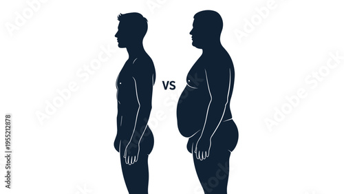 Silhouette comparison of a lean athletic male figure and an obese male figure shown in profile for health and fitness topics.