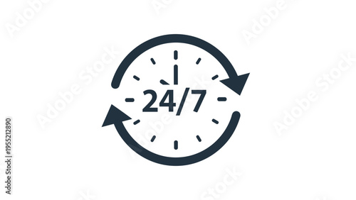 Dark 24/7 service icon featuring a clock face surrounded by two circular arrows to indicate around-the-clock availability.