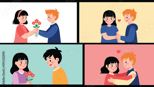 Four separate romantic scenes show a young boy and girl giving flowers, holding hands, and hugging on colorful backgrounds.