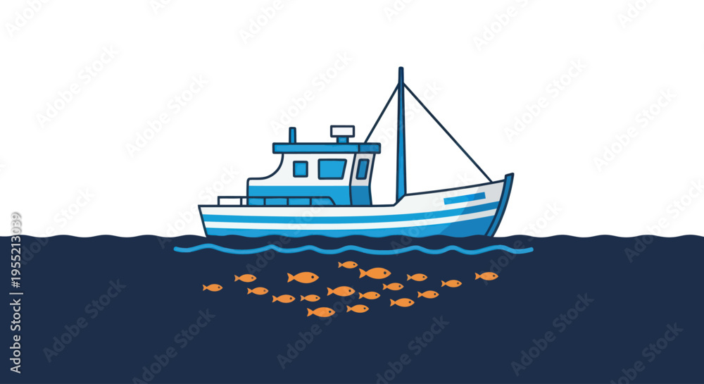 Fototapeta premium Blue and white fishing boat vessel.