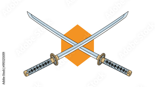 Pair of traditional Japanese katana samurai swords are shown crossed in front of a solid orange hexagon background.