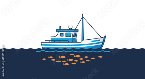Blue and white fishing boat vessel.