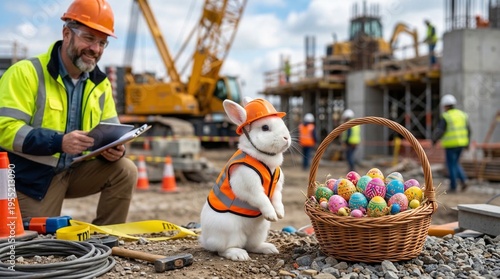 Funny Easter rabbit in safety vest and helmet at construction site with colorful eggs basket, creative holiday concept