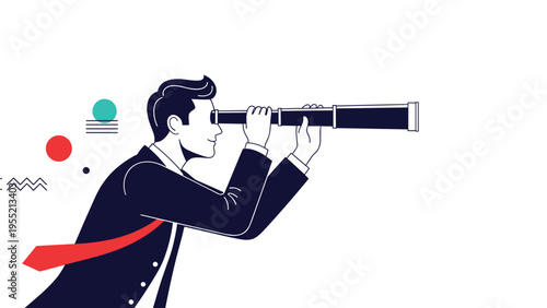 Professional businessman in a suit looking through a long telescope symbolizing vision future planning and searching for opportunities.
