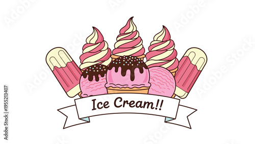 Decorative logo featuring various ice cream products including soft serve cones scoops and ice cream bars on a white banner ribbon.