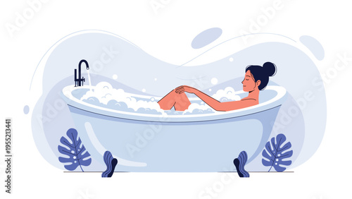 Relaxed woman enjoying a warm bubble bath in a large white clawfoot tub surrounded by tropical monstera leaves for self care and spa.
