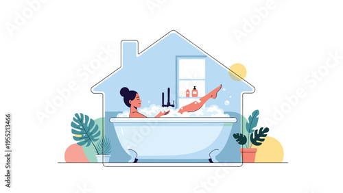 Conceptual illustration of a woman relaxing in a bubble bath inside the silhouette of a house surrounded by indoor plants and light.